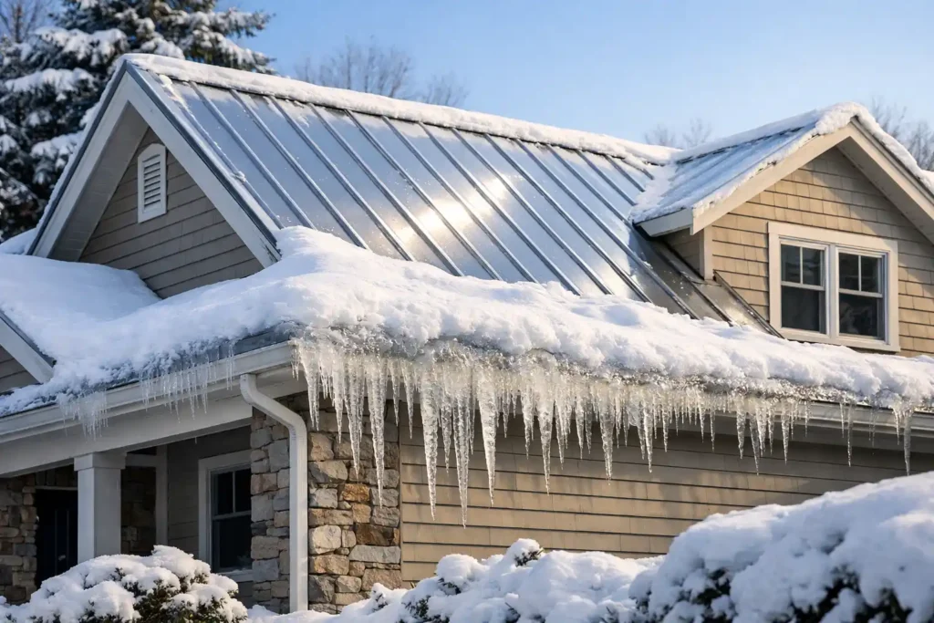 metal roof ice dam buildup along roof edge in winter