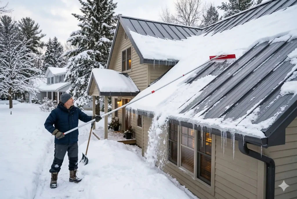 removing ice dams from metal roof using roof rake and ice melt