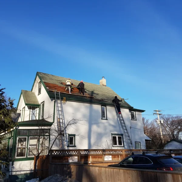 Roof maintenance work in progress on residential asphalt shingle roof