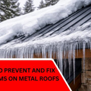 metal roof ice dam buildup along roof edge in winter