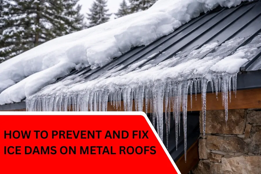 metal roof ice dam buildup along roof edge in winter