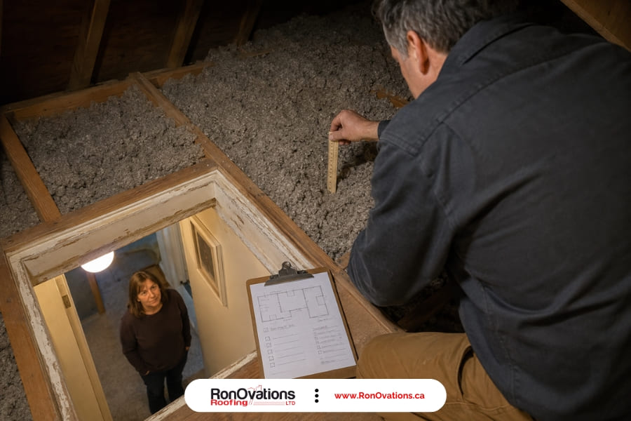 Contractor measuring existing attic insulation before preparing a quote