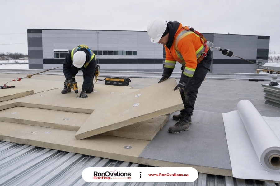 Staggered rigid insulation boards and cover board on a commercial flat roof