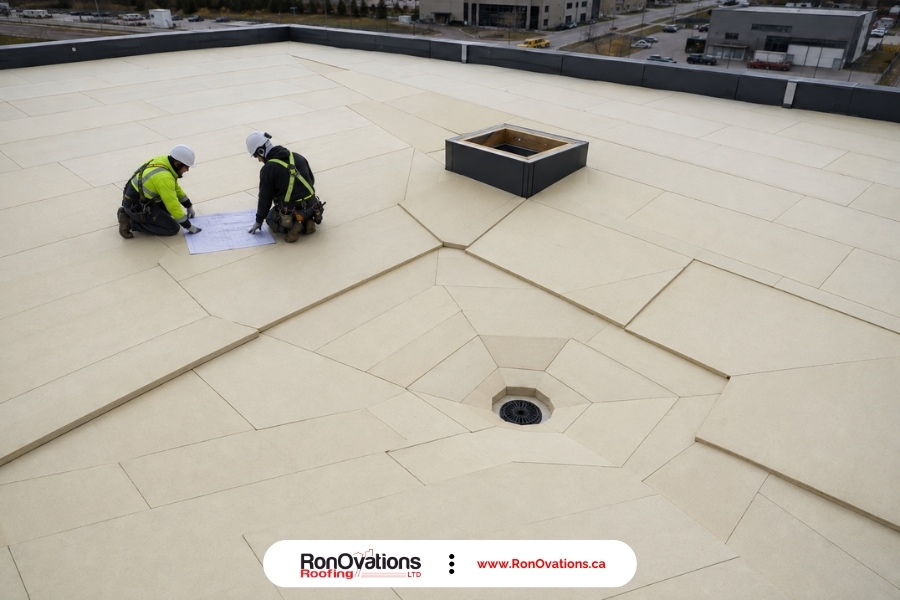 Tapered commercial roof insulation sloping toward a roof drain