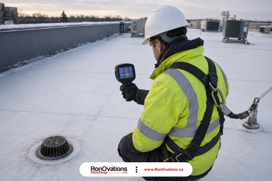 Roofer using a thermal camera to inspect a commercial flat roof