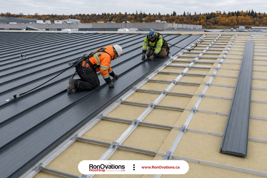 Continuous insulation being installed beneath commercial standing-seam metal roofing