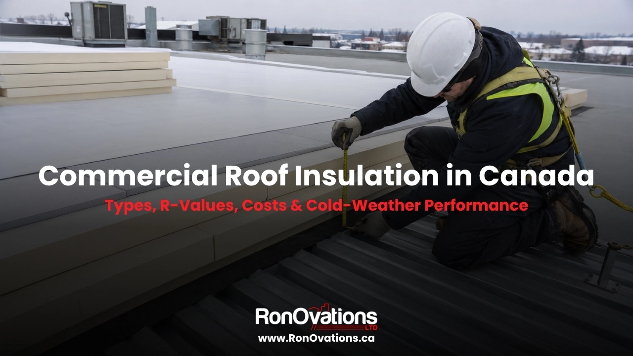 Commercial roof insulation installation on a low-slope roof in Canada