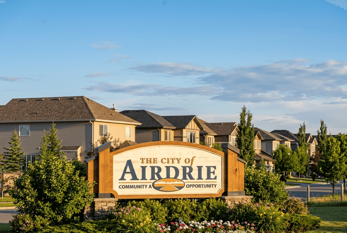 Airdrie welcome sign at sunset with modern residential neighborhoods in Airdrie, Alberta, Canada