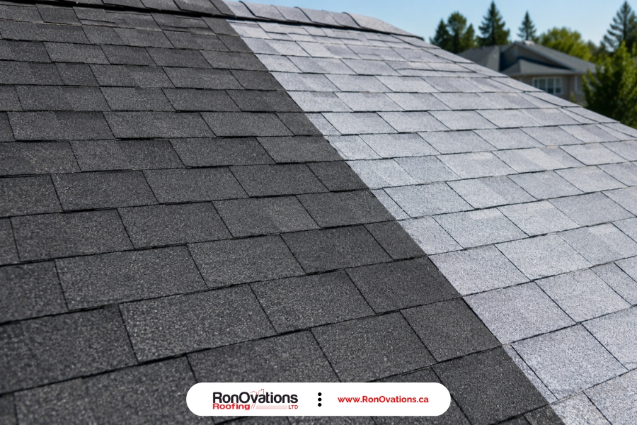 Light grey solar reflective shingles on a Canadian asphalt roof in summer sunlight
