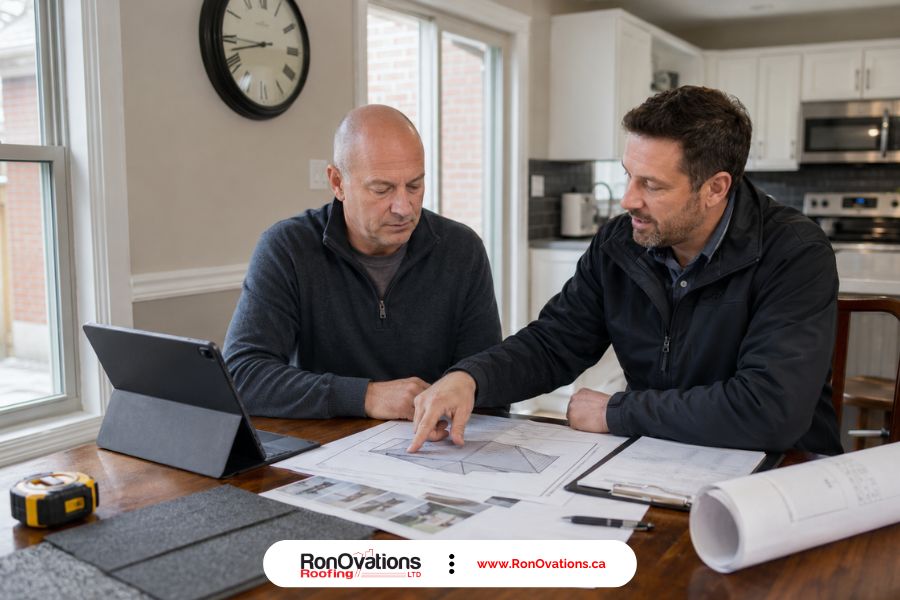 Homeowner and roofing contractor reviewing roof replacement permit requirements in Ontario