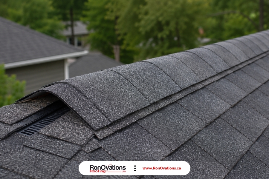 Properly installed ridge vent and ridge-cap shingles on an Ontario roof