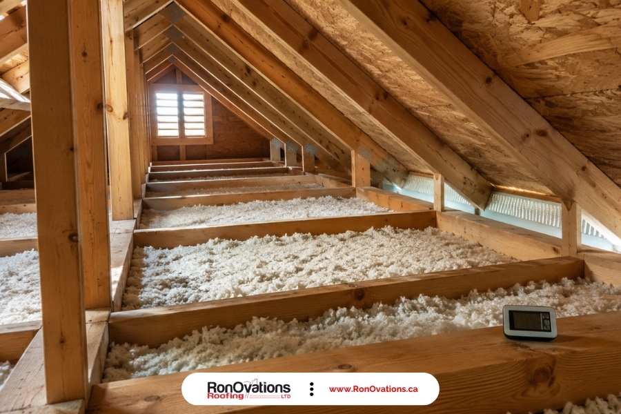 Clean attic inspection showing roof ventilation and insulation for heat control