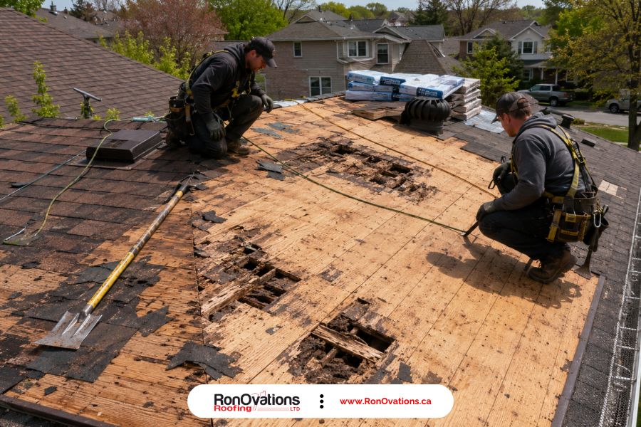 Roof tear-off exposing damaged sheathing during an Ontario roof replacement