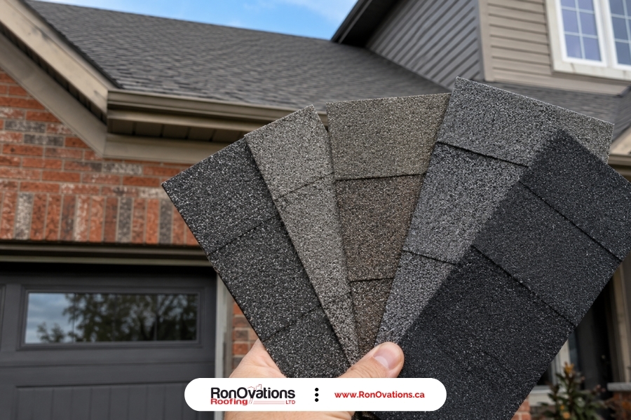 architectural roof shingle colours beside brick and siding samples