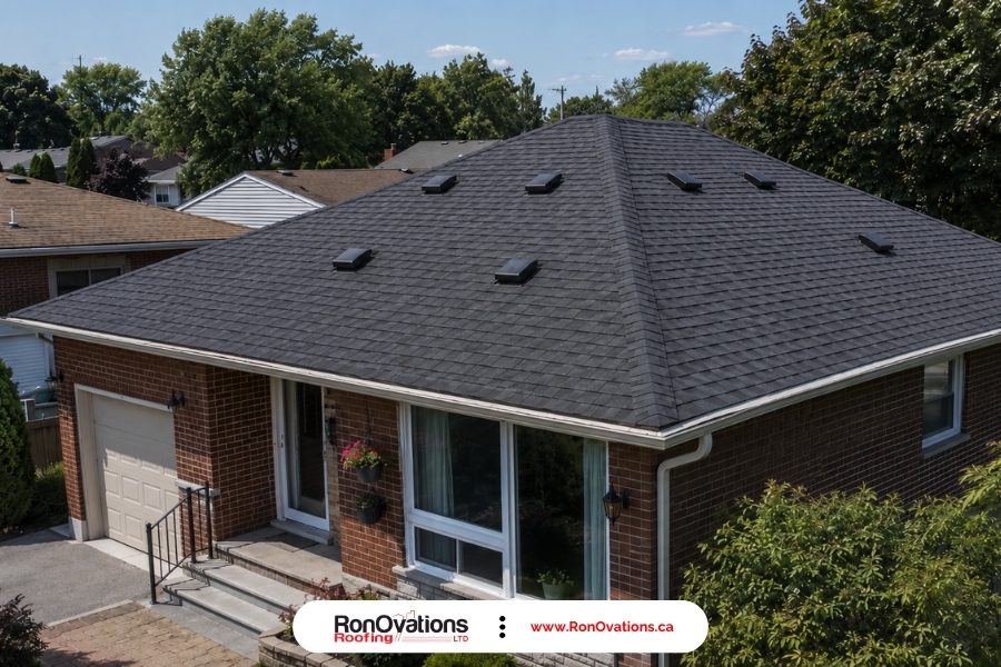 Properly spaced box vents on a hip-roof bungalow in Ontario