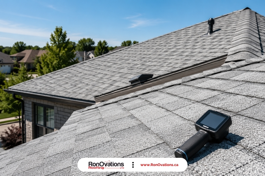 Solar reflective shingles Canada roof inspection with infrared temperature tool on shingles