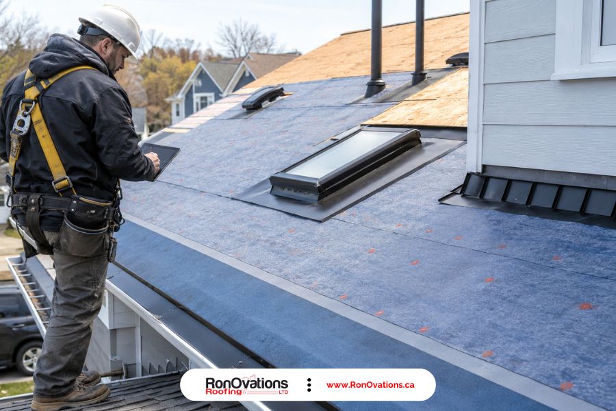 Roof inspector checking underlayment, flashing, and ice and water shield installation
