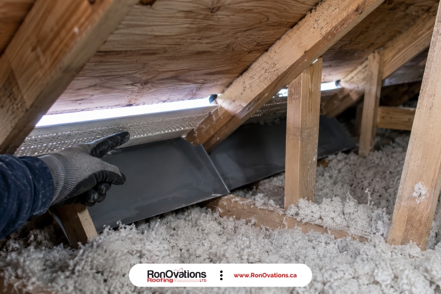 Clear soffit intake and ventilation baffle above attic insulation