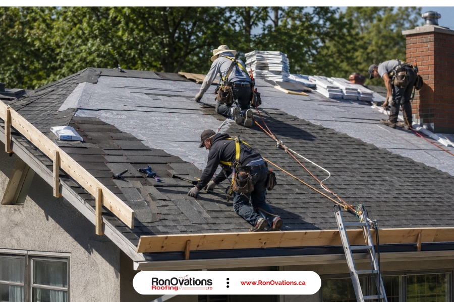 Professional roofers using safety harnesses during a residential roof replacement in Canada