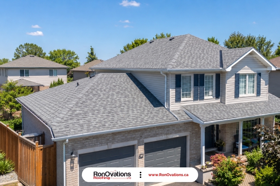 Ontario suburban home with newly installed light grey solar reflective asphalt shingles