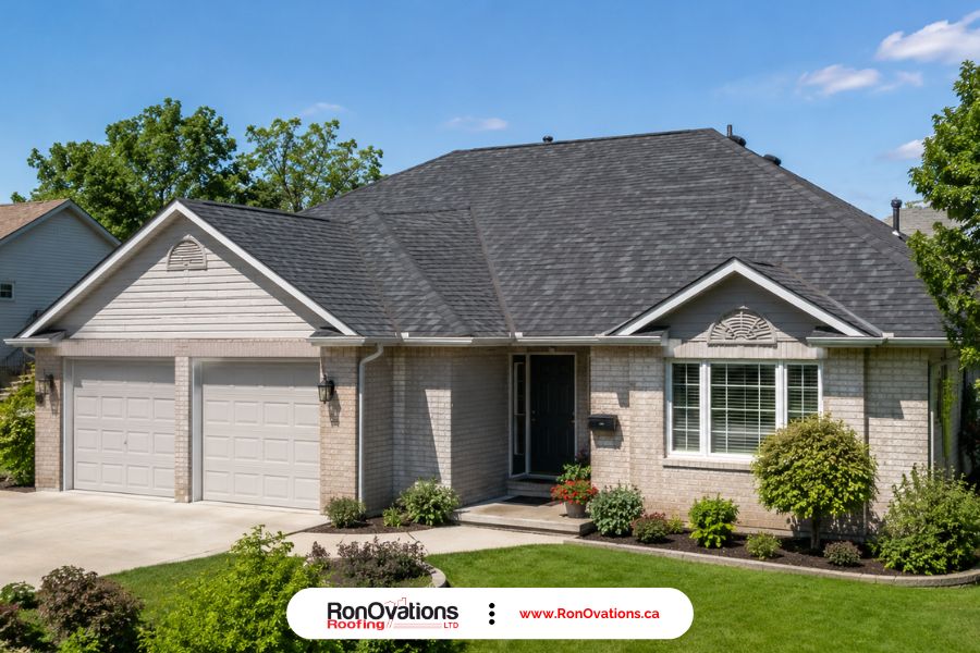 Completed asphalt shingle roof replacement on an Ontario suburban home