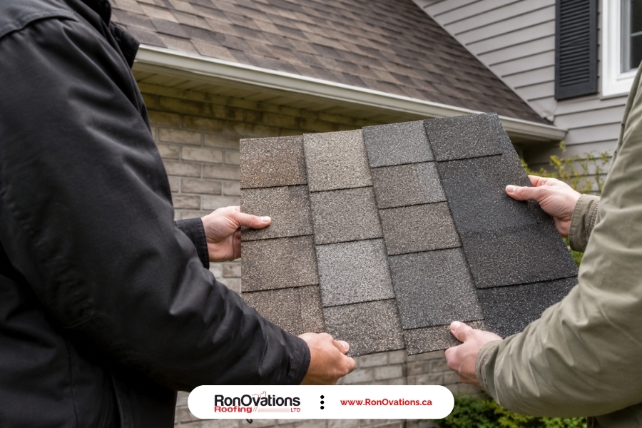 homeowner comparing full-size roof shingle samples in natural daylight