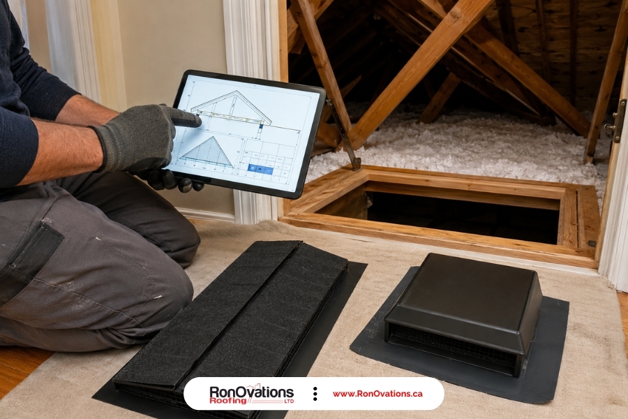 Roofer comparing ridge vent and box vent options during an attic inspection
