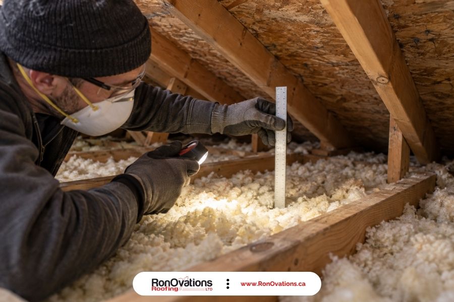 Gloved technician measuring existing loose fill insulation beside a ceiling joist.