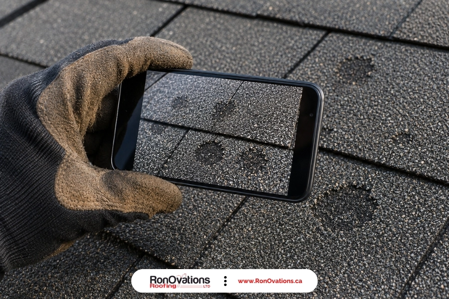Roofer photographing hail-bruised shingles to document a roof insurance claim