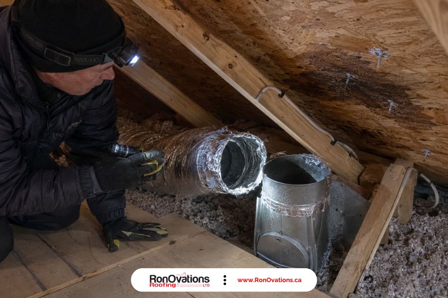 Disconnected bathroom exhaust duct releasing moisture into an attic