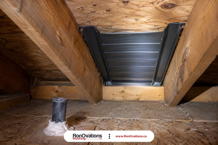 Ventilation baffle maintaining an open airflow channel at the attic eaves.