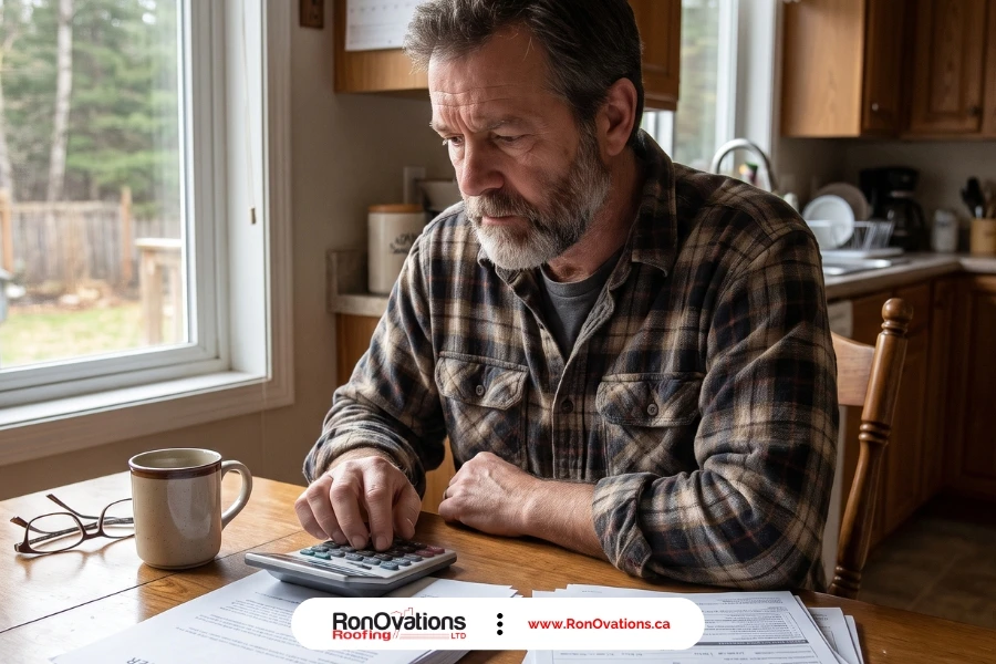 Homeowner reviewing an insurance settlement and ACV versus RCV roof policy documents at a kitchen table
