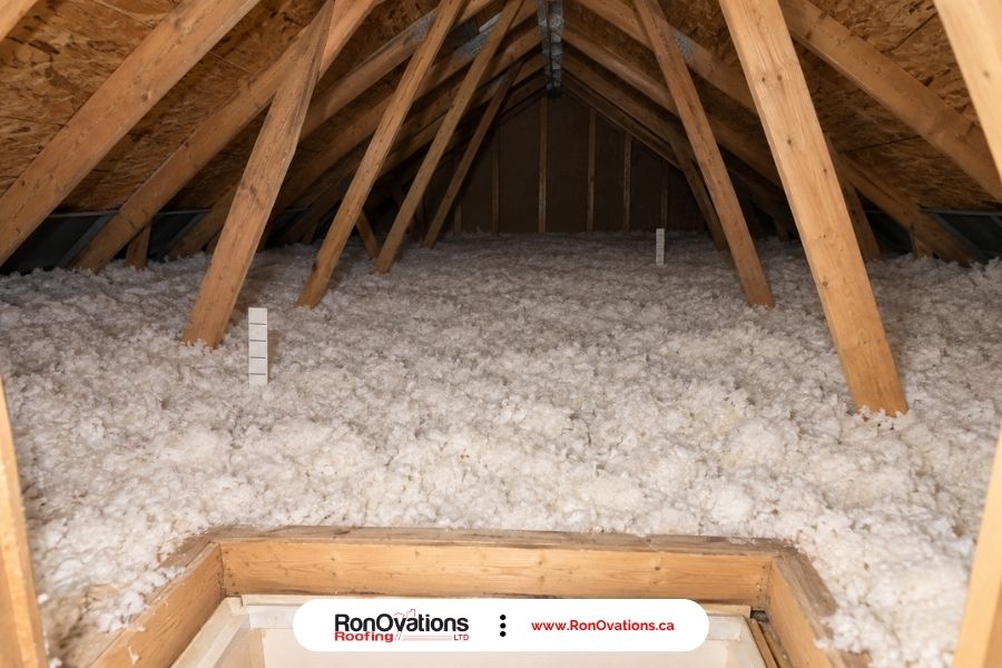 Even loose fill insulation coverage with depth indicators and a raised attic access curb.