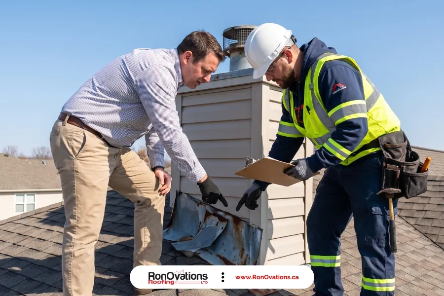 Insurance adjuster and roofing contractor inspecting a storm-damaged roof together in Canada
