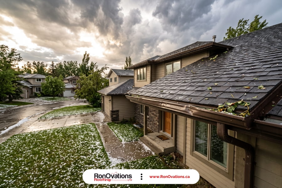 Residential rooftop in a Calgary neighbourhood after a severe hailstorm with dented eavestrough