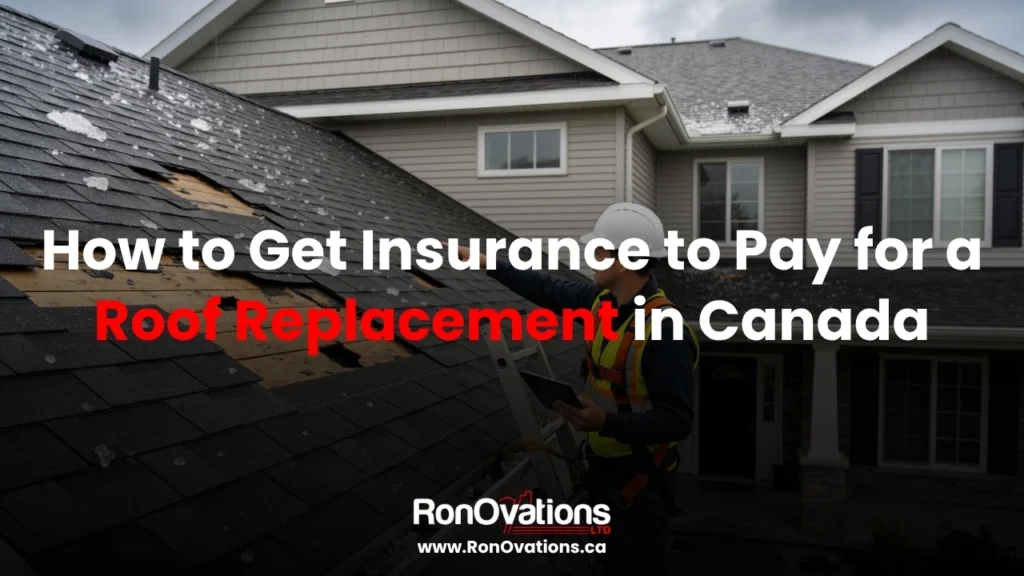 Roofer inspecting hail damage on a Canadian home to help the homeowner get insurance to pay for roof replacement