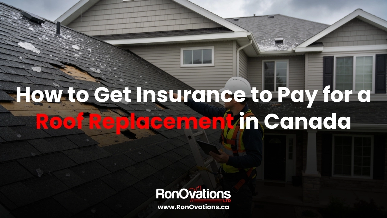 Roofer inspecting hail damage on a Canadian home to help the homeowner get insurance to pay for roof replacement
