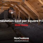 Installer distributing loose fill insulation across a vented residential attic.