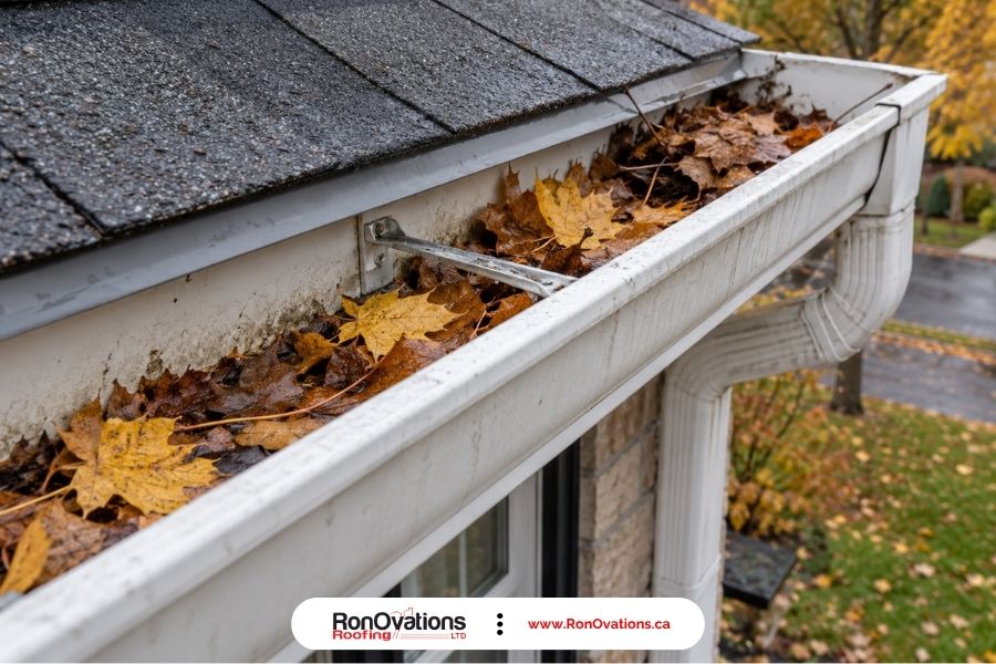 Autumn leaves collected inside a white eavestrough beside an asphalt shingle roof