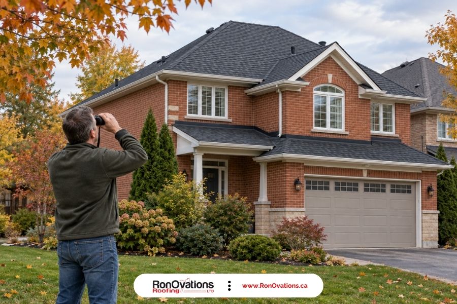 Homeowner using binoculars from the lawn to check an asphalt shingle roof