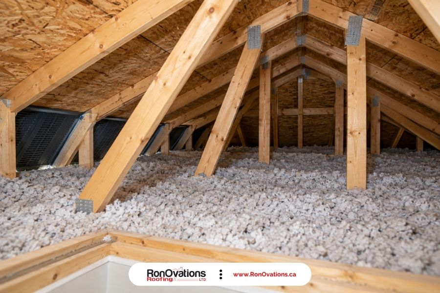 Vented attic with timber trusses, loose-fill insulation and baffles near the eaves