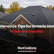 Ontario-style brick home with an asphalt shingle roof and white eavestroughs in early autumn